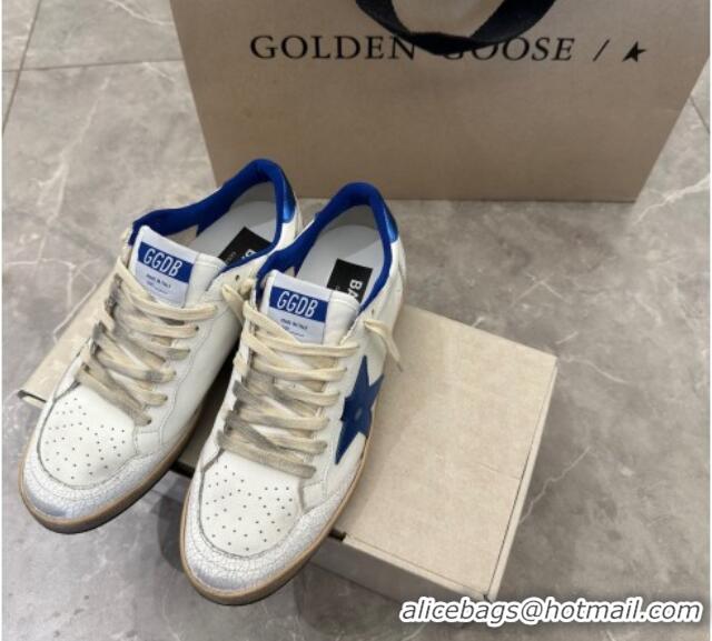 Discount Golden Goose Women’s Ball Star Sneakers Wishes in white nappa leather with bright blue star and heel tab 129003