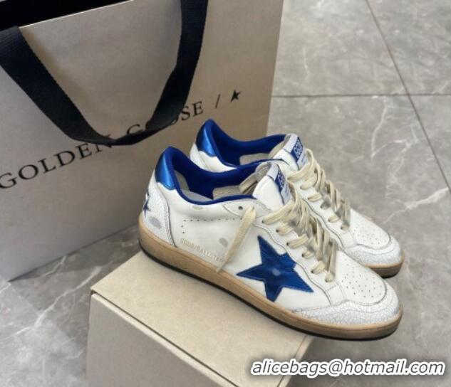 Discount Golden Goose Women’s Ball Star Sneakers Wishes in white nappa leather with bright blue star and heel tab 129003