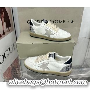 Golden Goose GGDB Ball Star Sneakers in White Calfskin and Silver Glitter Tab 328101