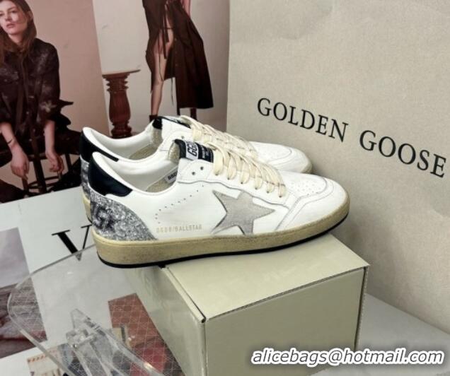 Golden Goose GGDB Ball Star Sneakers in White Calfskin and Silver Glitter Tab 328101