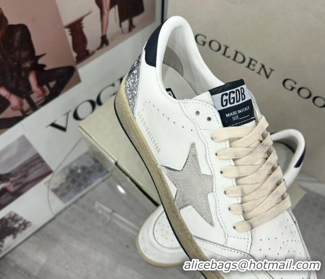 Golden Goose GGDB Ball Star Sneakers in White Calfskin and Silver Glitter Tab 328101