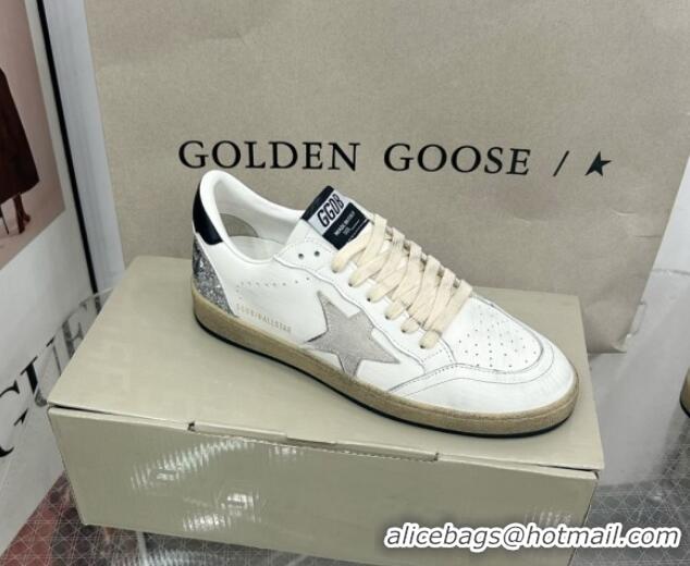 Golden Goose GGDB Ball Star Sneakers in White Calfskin and Silver Glitter Tab 328101