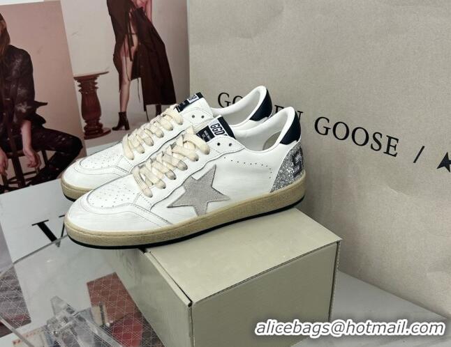 Golden Goose GGDB Ball Star Sneakers in White Calfskin and Silver Glitter Tab 328101