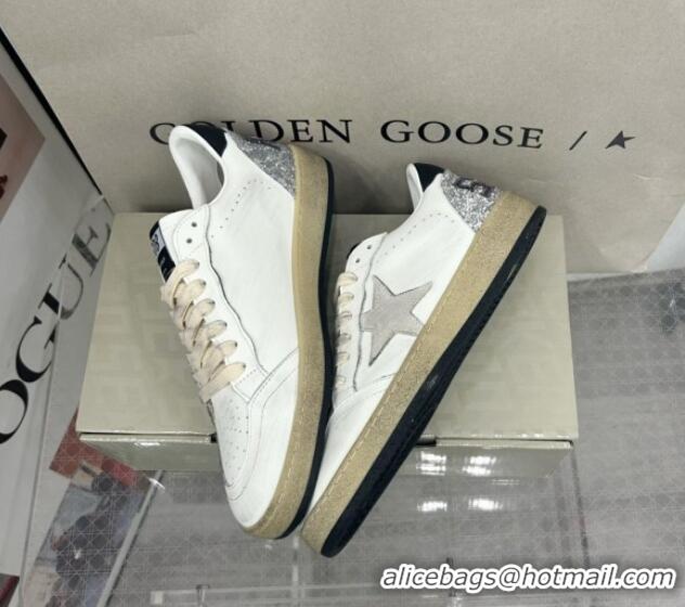 Golden Goose GGDB Ball Star Sneakers in White Calfskin and Silver Glitter Tab 328101