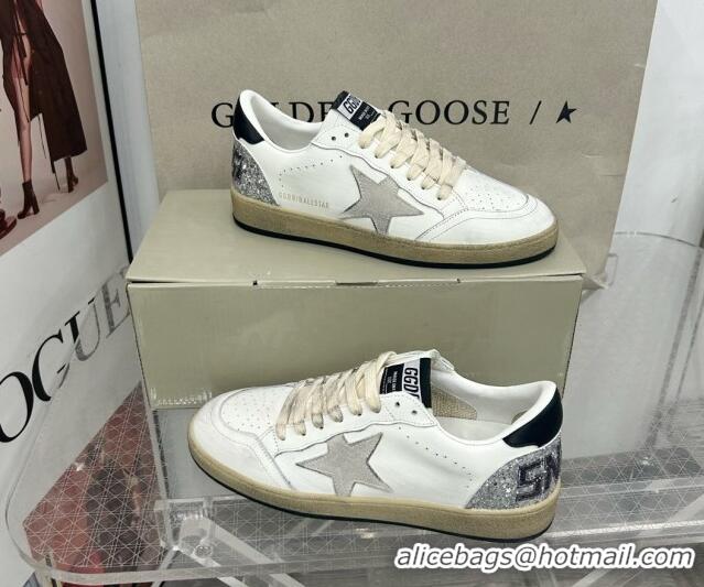 Golden Goose GGDB Ball Star Sneakers in White Calfskin and Silver Glitter Tab 328101