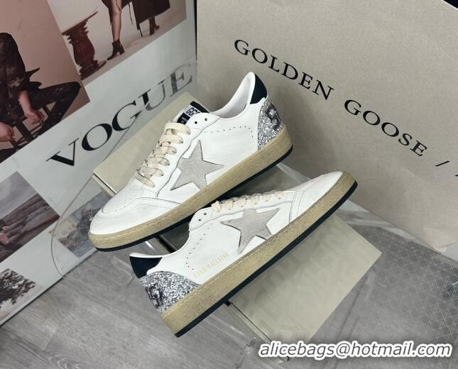 Golden Goose GGDB Ball Star Sneakers in White Calfskin and Silver Glitter Tab 328101