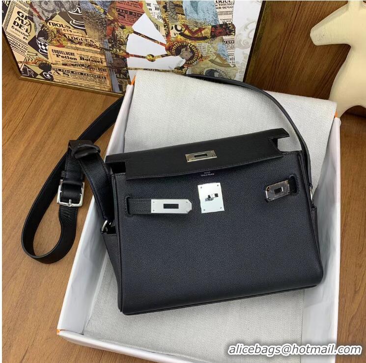 Top Grade Hermes Kelly Messenger Bag In Togo Leather H8700 Black Silver (Half Handmade)