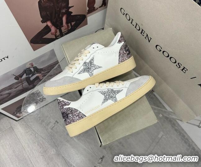 Charming Golden Goose GGDB Ball Star Sneakers in White Calfskin and Glitter Charm 328102