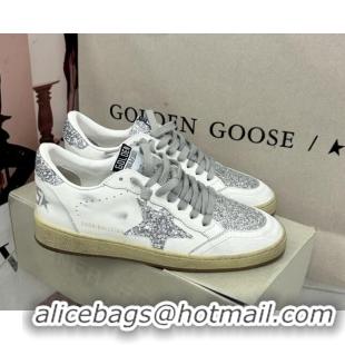 Best Product Golden Goose GGDB Ball Star Sneakers in White Calfskin and Silver-Tone Glitter 328107