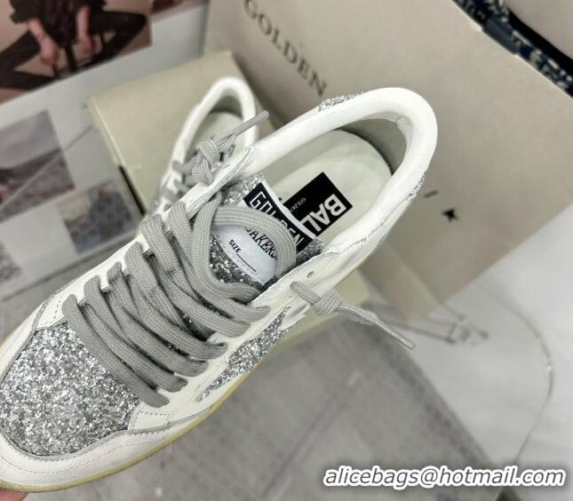 Best Product Golden Goose GGDB Ball Star Sneakers in White Calfskin and Silver-Tone Glitter 328107