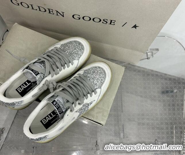 Best Product Golden Goose GGDB Ball Star Sneakers in White Calfskin and Silver-Tone Glitter 328107