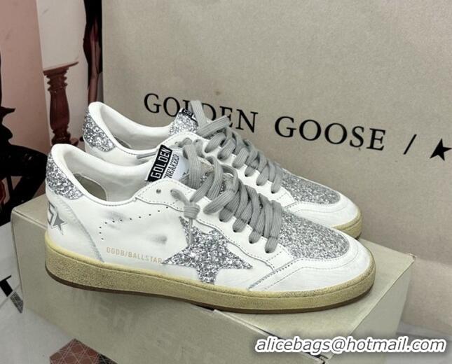 Best Product Golden Goose GGDB Ball Star Sneakers in White Calfskin and Silver-Tone Glitter 328107