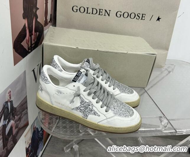 Best Product Golden Goose GGDB Ball Star Sneakers in White Calfskin and Silver-Tone Glitter 328107