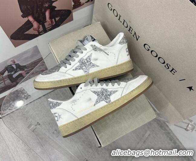 Best Product Golden Goose GGDB Ball Star Sneakers in White Calfskin and Silver-Tone Glitter 328107