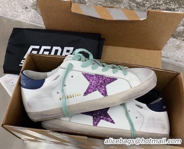 Lowest Price Golden Goose GGDB Super-Star Sneakers in White Calfskin and Purple Glitter Star 328120