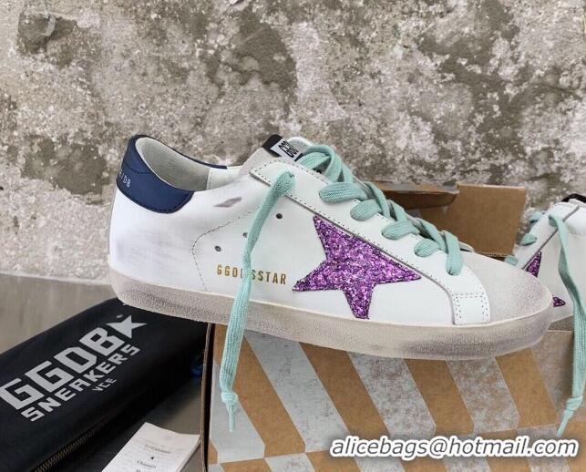 Lowest Price Golden Goose GGDB Super-Star Sneakers in White Calfskin and Purple Glitter Star 328120