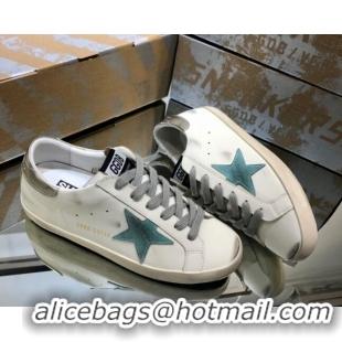 Classic Hot Golden Goose GGDB Super-Star Sneakers in White Calfskin and Light Green Star 328123