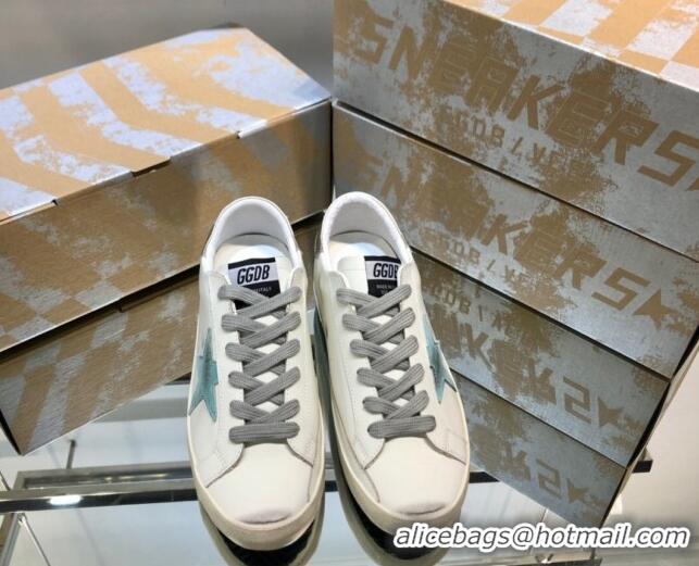 Classic Hot Golden Goose GGDB Super-Star Sneakers in White Calfskin and Light Green Star 328123