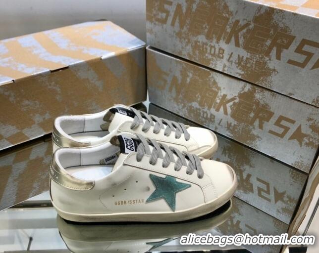 Classic Hot Golden Goose GGDB Super-Star Sneakers in White Calfskin and Light Green Star 328123