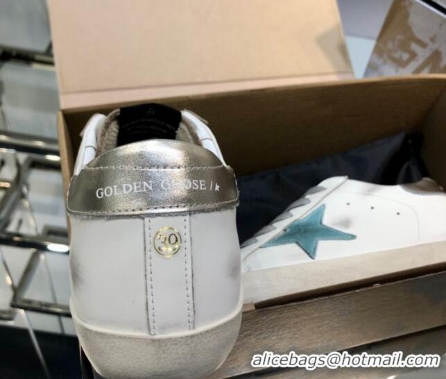 Classic Hot Golden Goose GGDB Super-Star Sneakers in White Calfskin and Light Green Star 328123