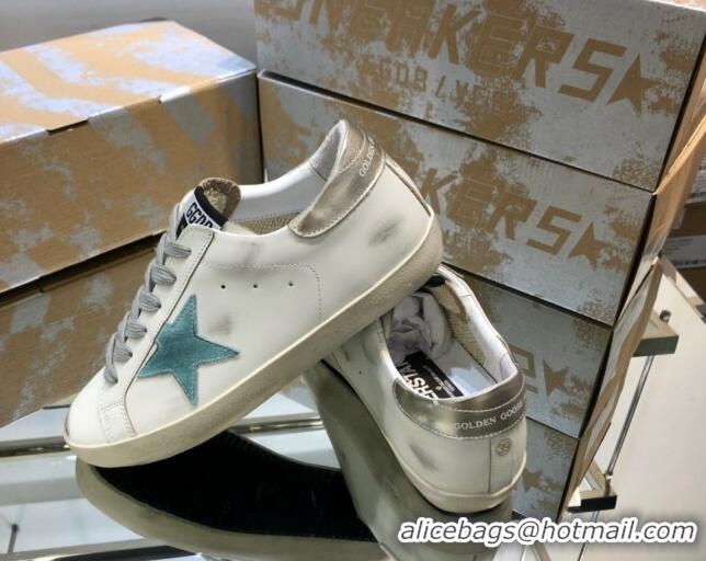 Classic Hot Golden Goose GGDB Super-Star Sneakers in White Calfskin and Light Green Star 328123