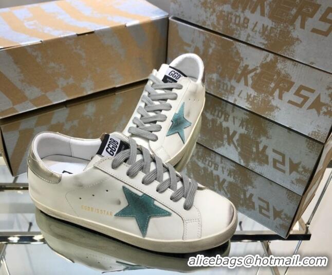 Classic Hot Golden Goose GGDB Super-Star Sneakers in White Calfskin and Light Green Star 328123