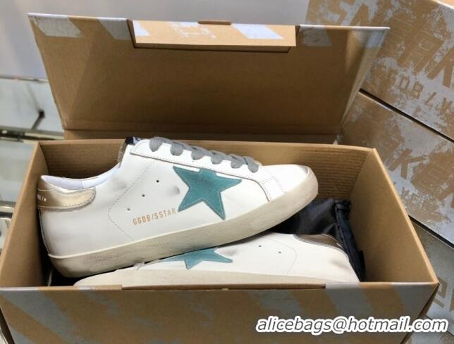 Classic Hot Golden Goose GGDB Super-Star Sneakers in White Calfskin and Light Green Star 328123