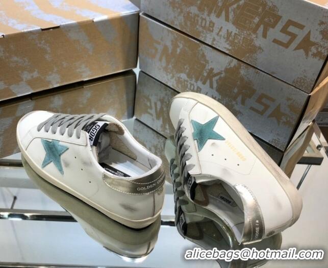 Classic Hot Golden Goose GGDB Super-Star Sneakers in White Calfskin and Light Green Star 328123