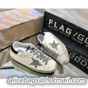 Best Price Golden Goose GGDB Super-Star Sneakers in White Calfskin and Silver Glitter Star 328127