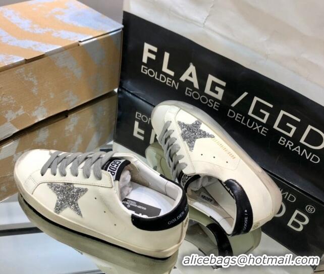 Best Price Golden Goose GGDB Super-Star Sneakers in White Calfskin and Silver Glitter Star 328127