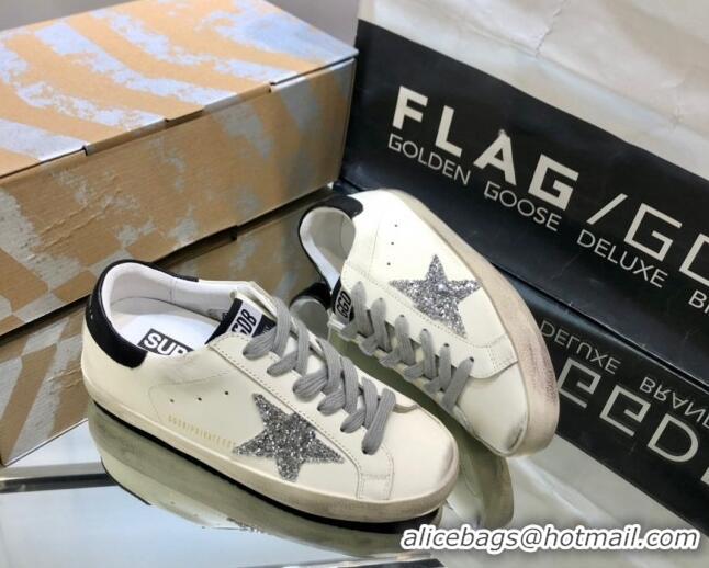 Best Price Golden Goose GGDB Super-Star Sneakers in White Calfskin and Silver Glitter Star 328127