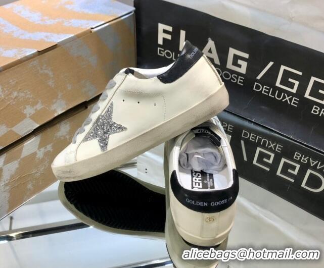 Best Price Golden Goose GGDB Super-Star Sneakers in White Calfskin and Silver Glitter Star 328127