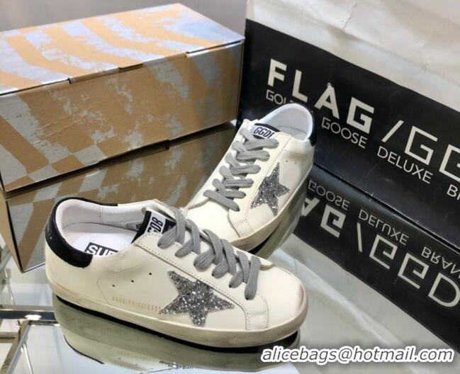 Best Price Golden Goose GGDB Super-Star Sneakers in White Calfskin and Silver Glitter Star 328127