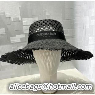 Top Grade Dior Naughtily-D Small Brim Hat 14923 Black Straw and Embroidered Band