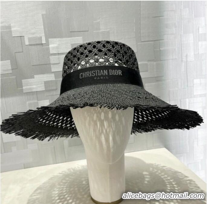 Top Grade Dior Naughtily-D Small Brim Hat 14923 Black Straw and Embroidered Band