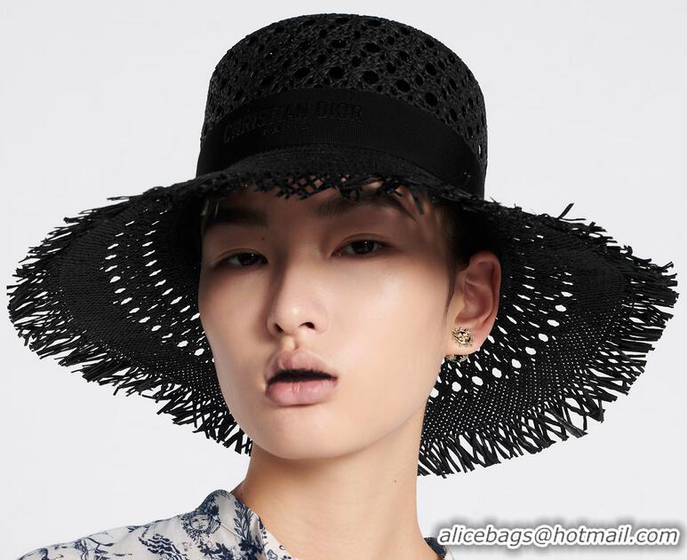 Top Grade Dior Naughtily-D Small Brim Hat 14923 Black Straw and Embroidered Band