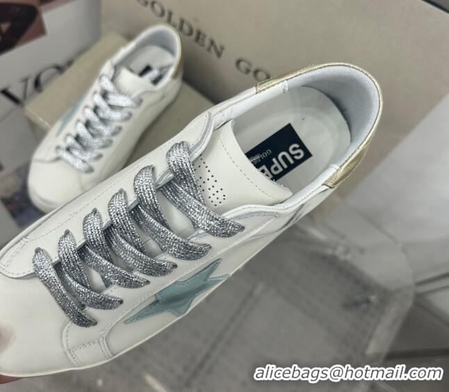 Best Price Golden Goose GGDB Super-Star Sneakers in White Calfskin and Pale Green Star 328133