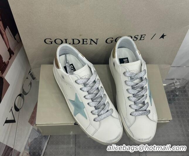 Best Price Golden Goose GGDB Super-Star Sneakers in White Calfskin and Pale Green Star 328133