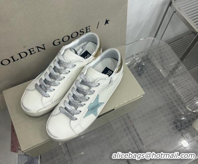 Best Price Golden Goose GGDB Super-Star Sneakers in White Calfskin and Pale Green Star 328133