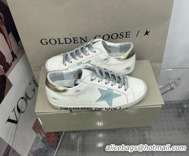 Best Price Golden Goose GGDB Super-Star Sneakers in White Calfskin and Pale Green Star 328133