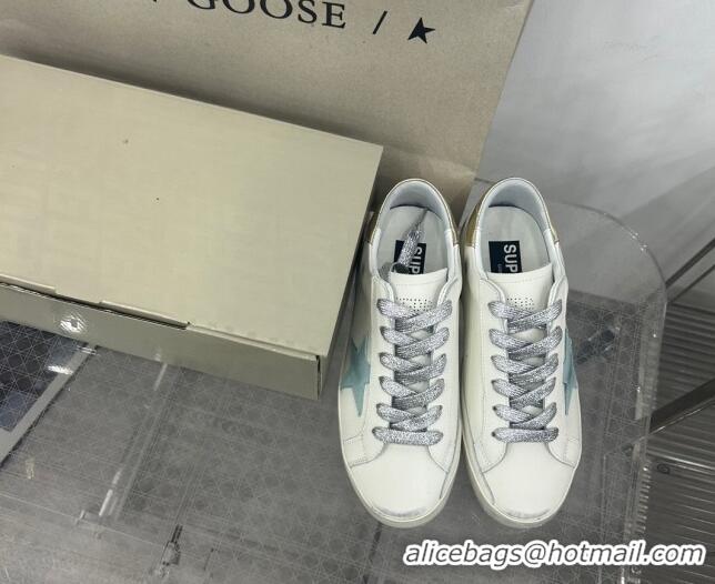 Best Price Golden Goose GGDB Super-Star Sneakers in White Calfskin and Pale Green Star 328133