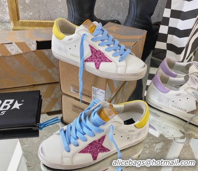 Most Popular Golden Goose GGDB Super-Star Sneakers in Calfskin White/Yellow/Blue 328137