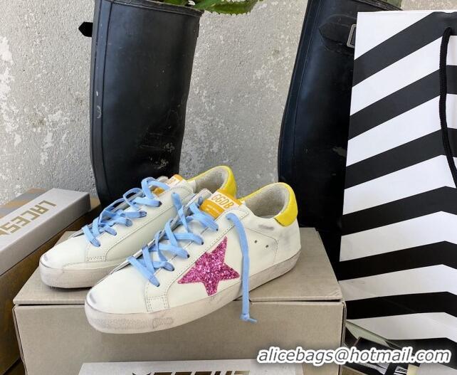 Most Popular Golden Goose GGDB Super-Star Sneakers in Calfskin White/Yellow/Blue 328137