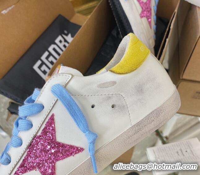 Most Popular Golden Goose GGDB Super-Star Sneakers in Calfskin White/Yellow/Blue 328137