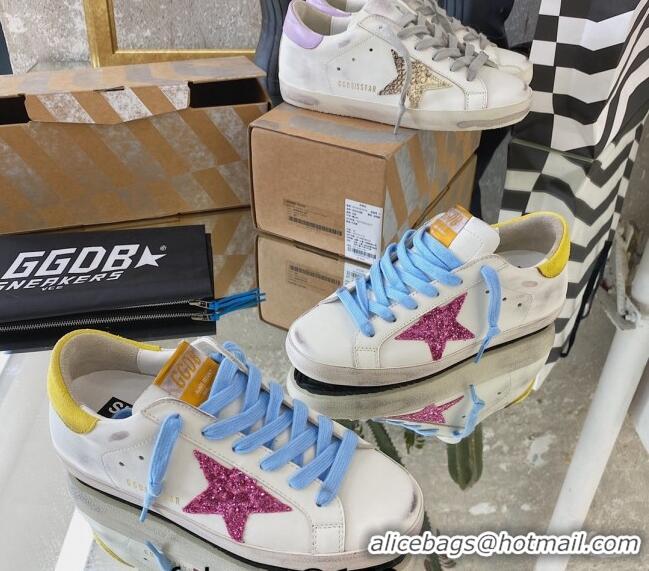 Most Popular Golden Goose GGDB Super-Star Sneakers in Calfskin White/Yellow/Blue 328137