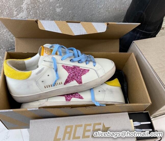 Most Popular Golden Goose GGDB Super-Star Sneakers in Calfskin White/Yellow/Blue 328137