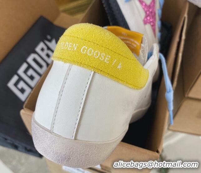 Most Popular Golden Goose GGDB Super-Star Sneakers in Calfskin White/Yellow/Blue 328137