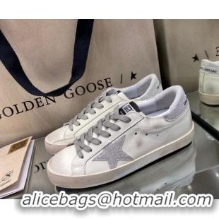 Pretty Style Golden Goose GGDB Super-Star Sneakers in White Calfskin with Silver Glitter 328139