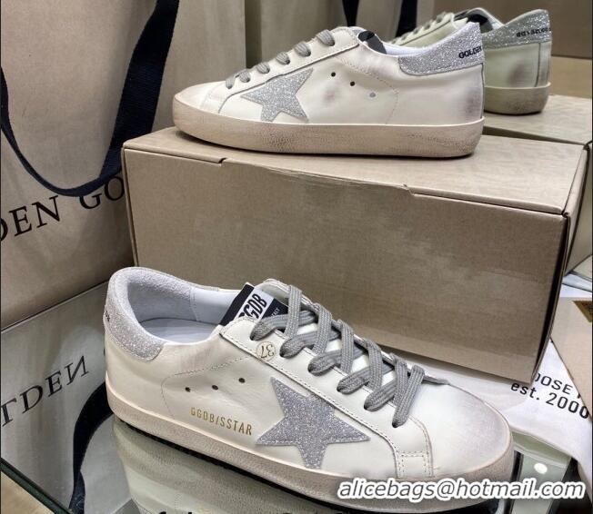 Pretty Style Golden Goose GGDB Super-Star Sneakers in White Calfskin with Silver Glitter 328139