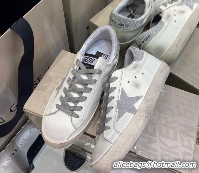 Pretty Style Golden Goose GGDB Super-Star Sneakers in White Calfskin with Silver Glitter 328139